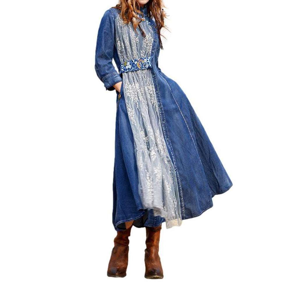 Embroidered long women denim dress