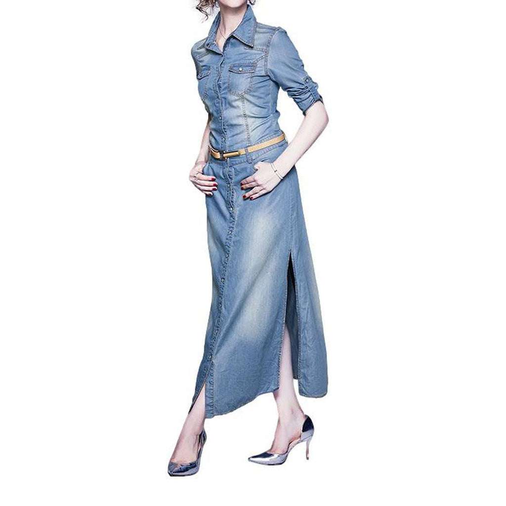 Light wash long denim dress