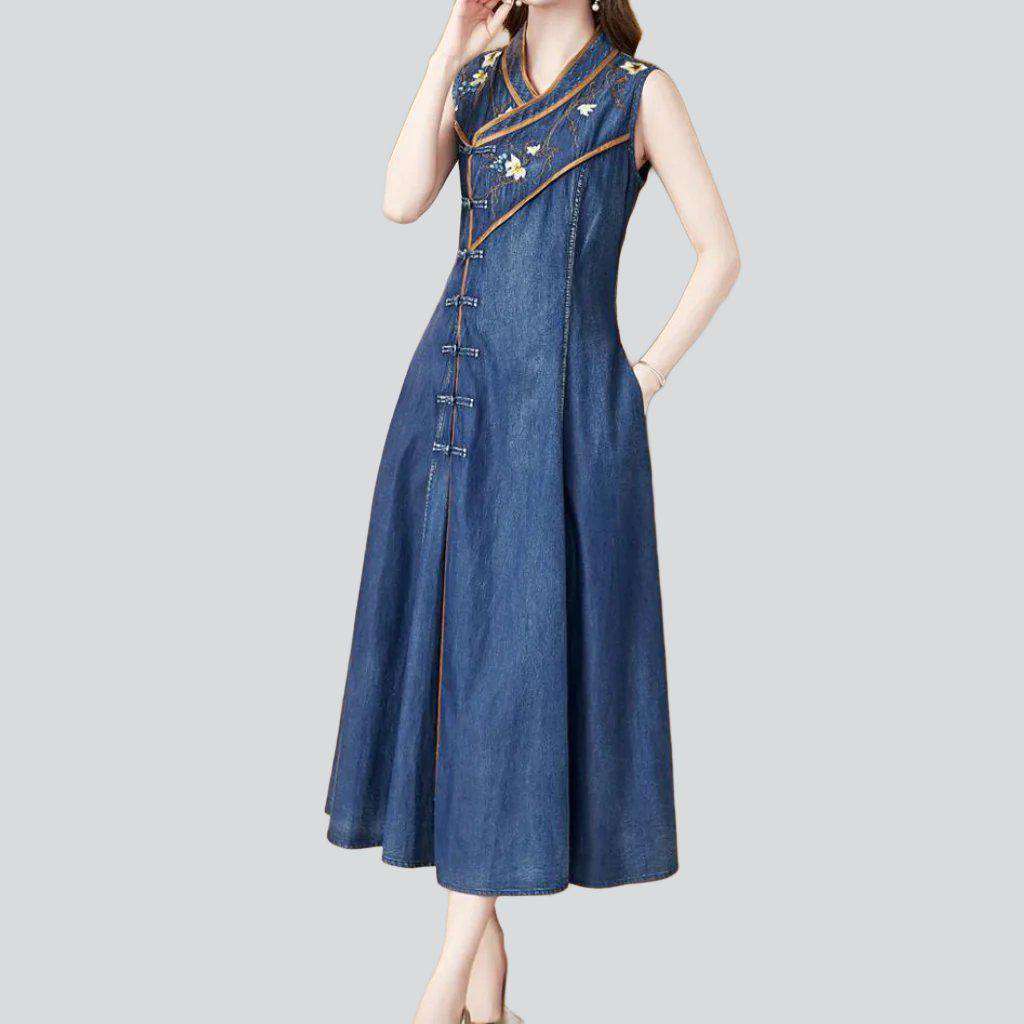 Chinese-style sleeveless denim dress