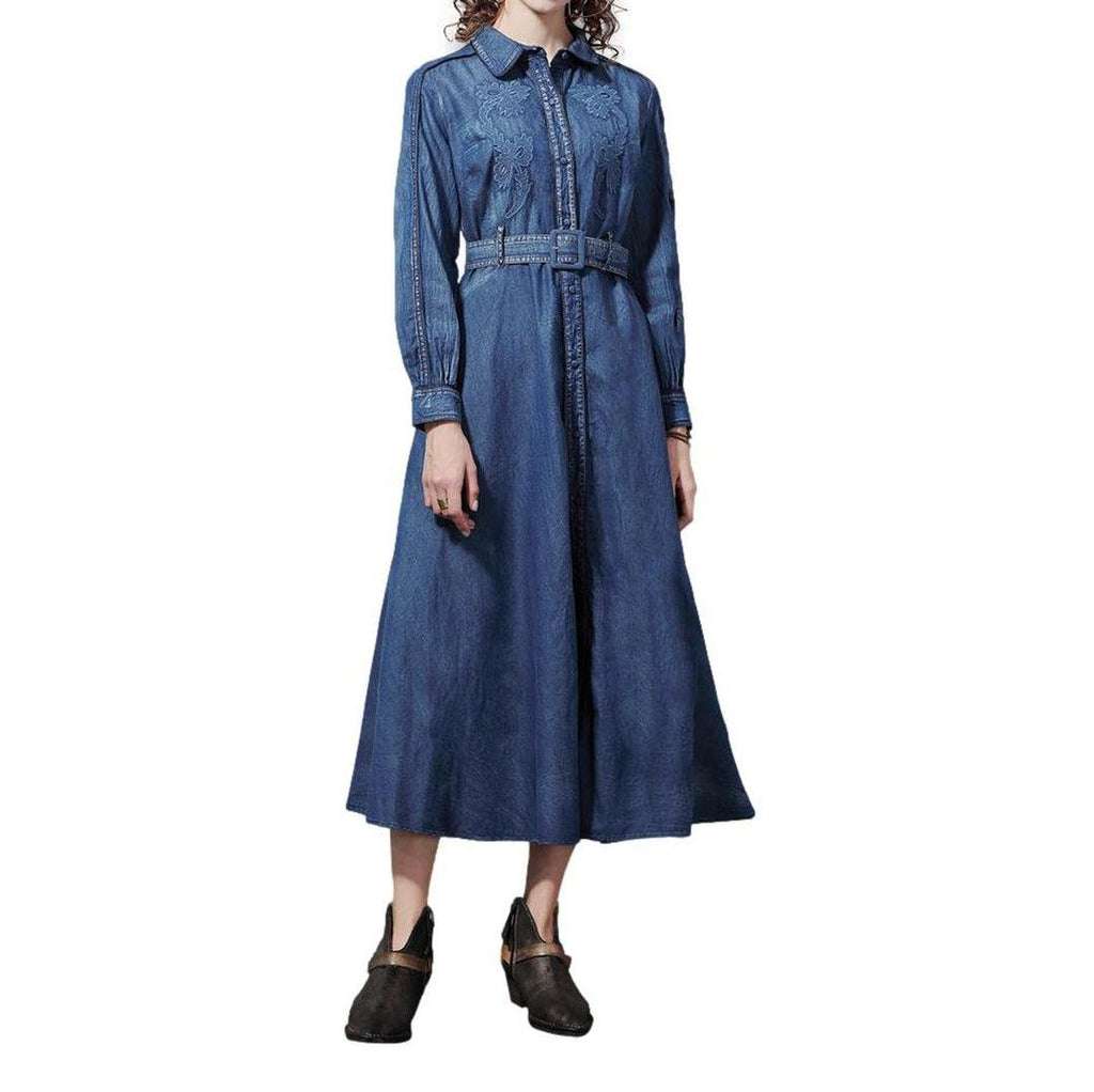 Medium wash embroidered denim dress