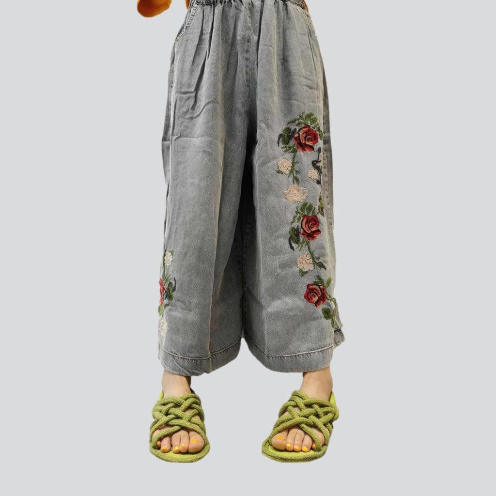 Rose embroidery women culottes jeans