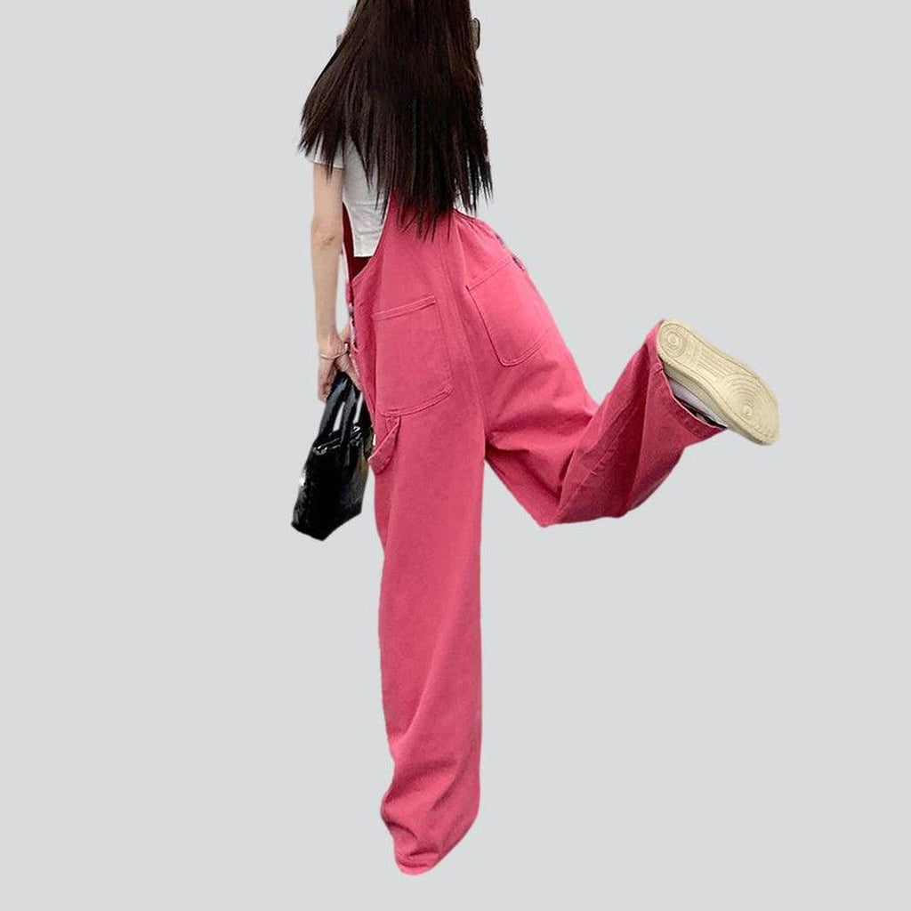 Pink loose women denim overall