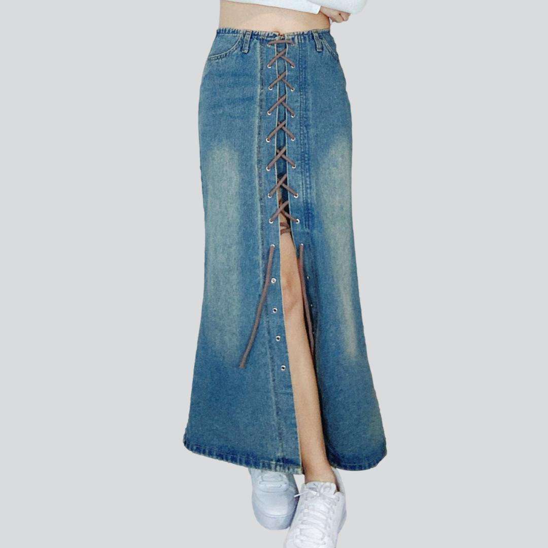 Drawstring slit long jeans skirt