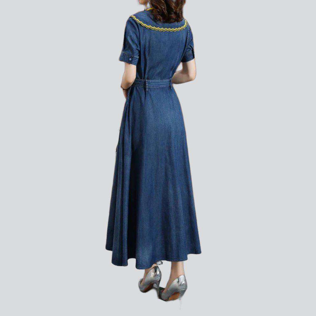 Drawstring neckline long denim dress