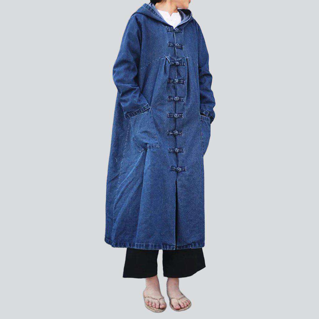 Chinese-style hooded denim coat