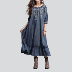 Ornament embroidery long denim dress