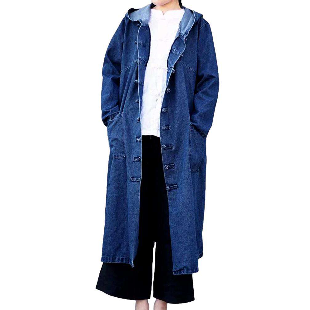 Chinese-style hooded denim coat