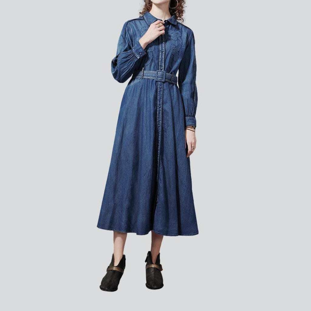 Medium wash embroidered denim dress