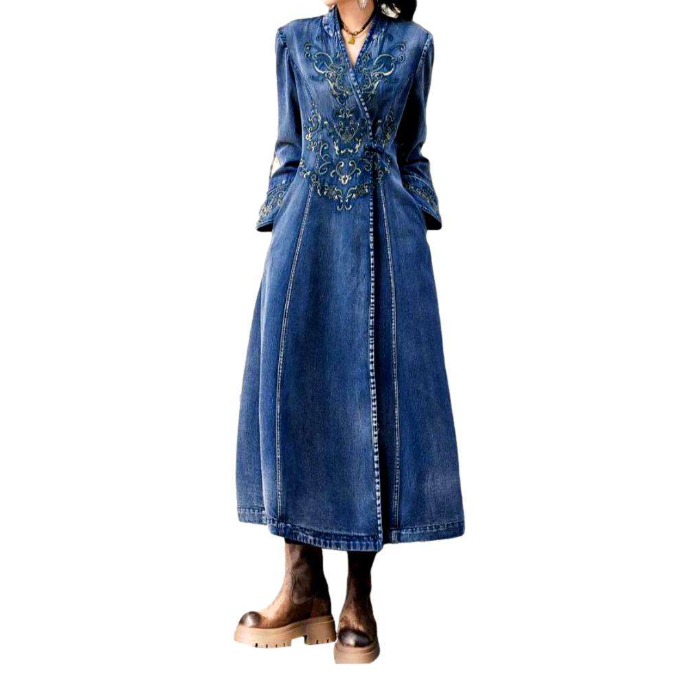 Chest embroidery long denim dress