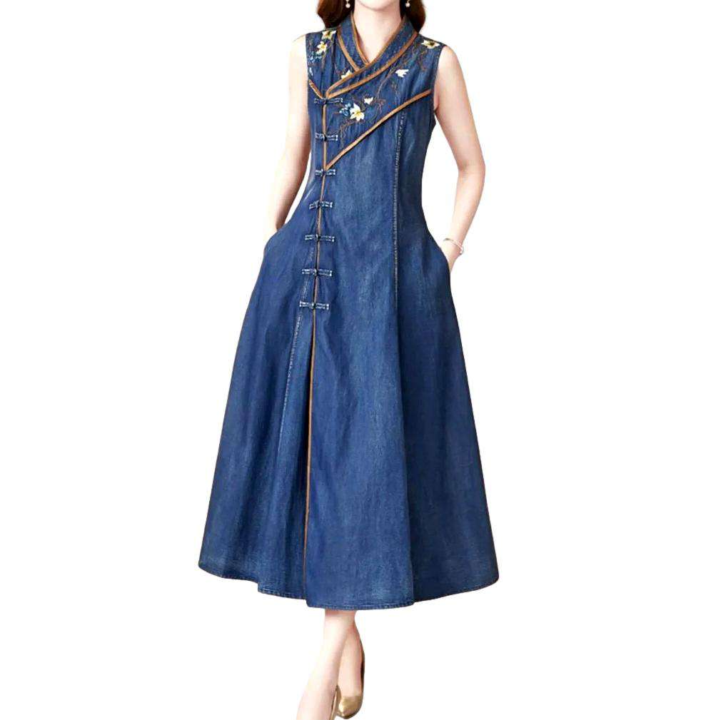 Chinese-style sleeveless denim dress