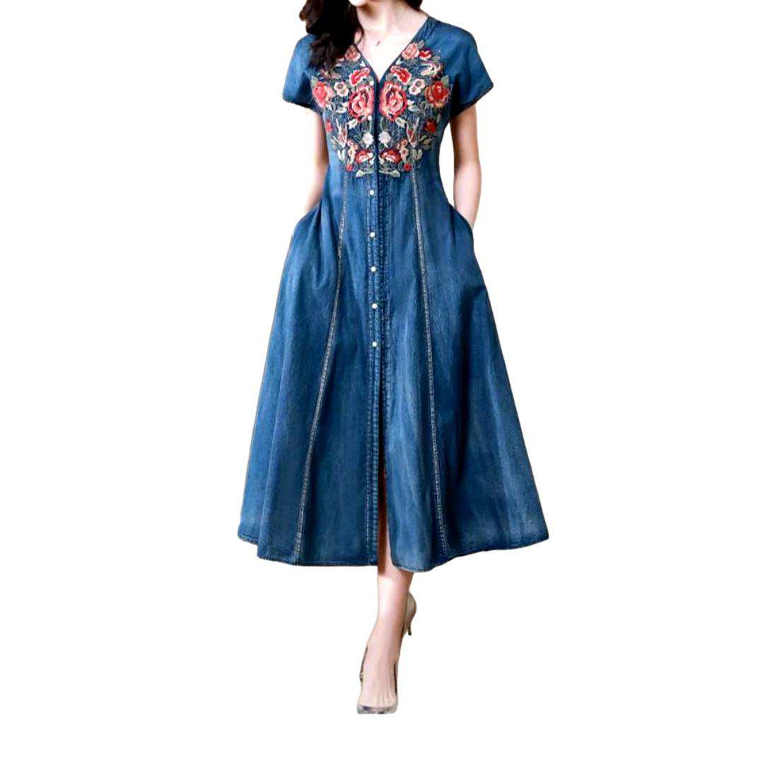 Chest embroidery denim dress