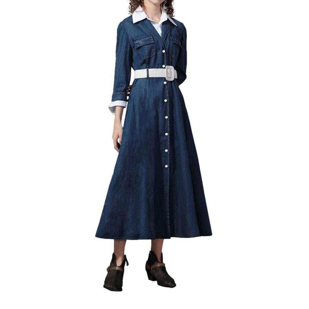 Buttoned denim dress with belt