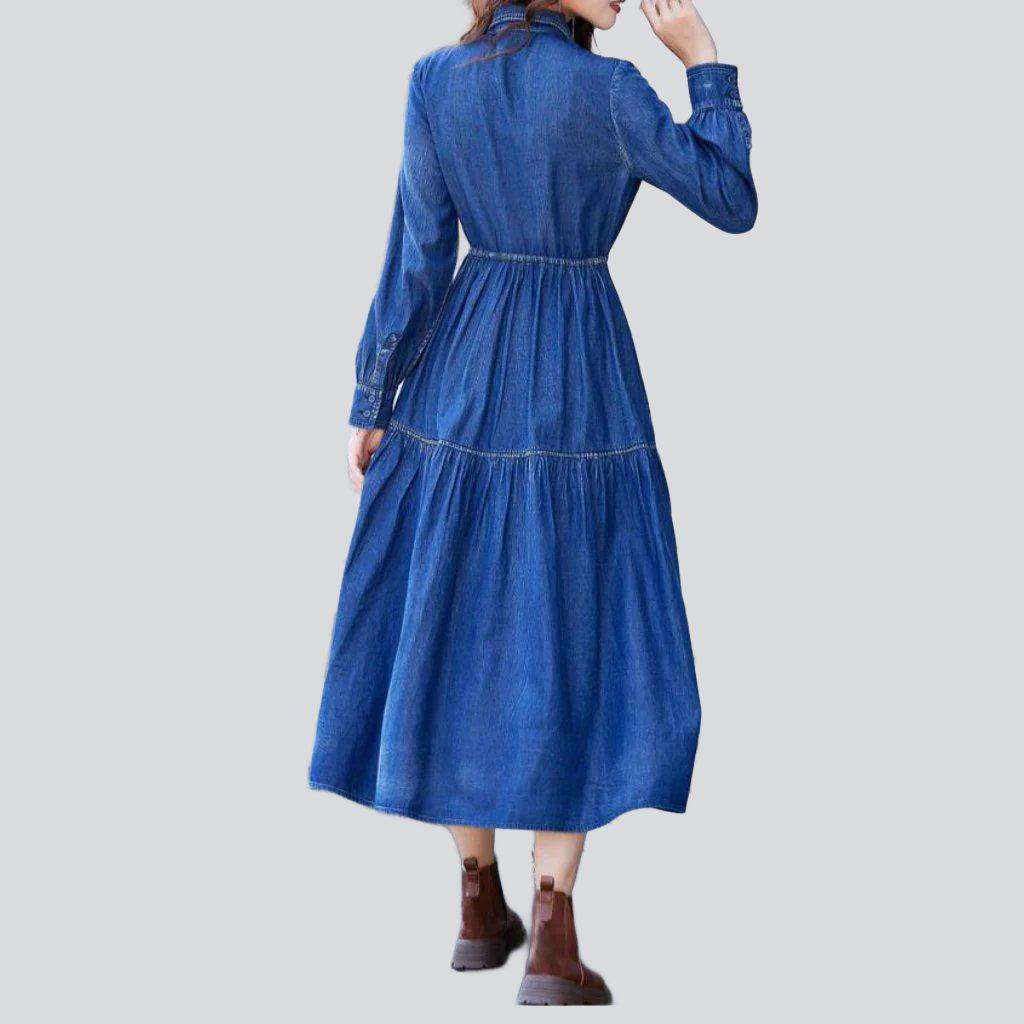 Hem embroidery flare denim dress