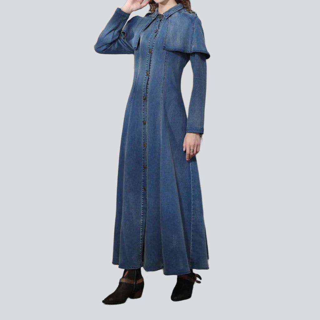 Covered shoulders long denim dress