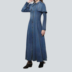 Covered shoulders long denim dress