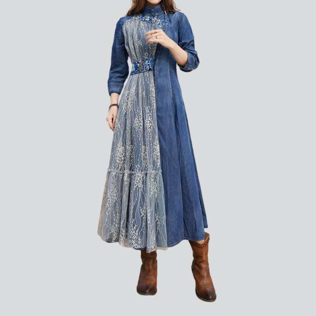 Embroidered long women denim dress