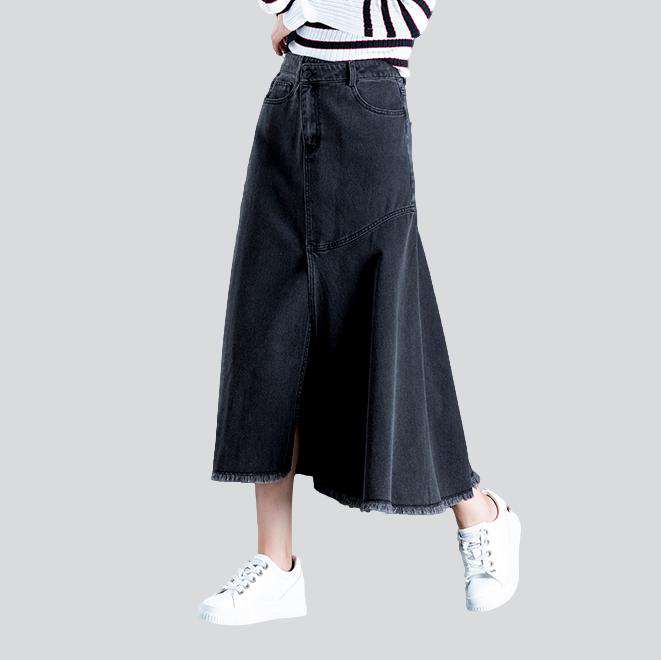 Asymmetric flare long denim skirt