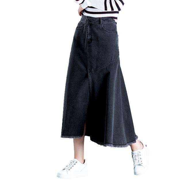 Asymmetric flare long denim skirt