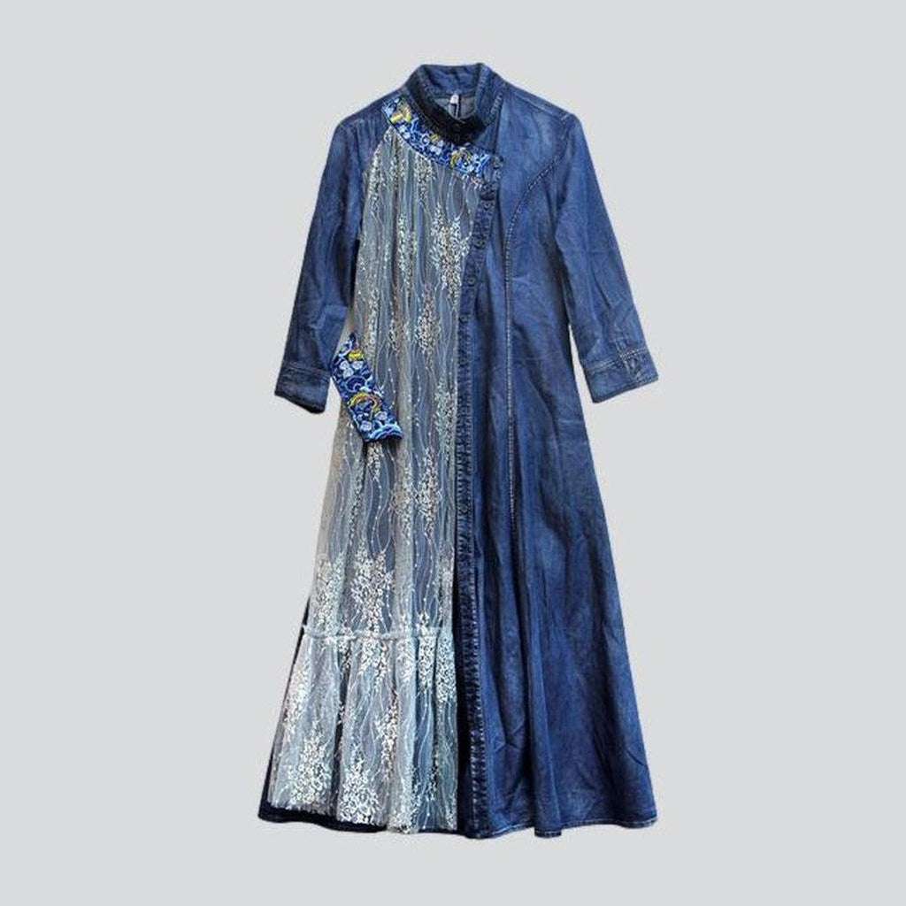 Embroidered long women denim dress