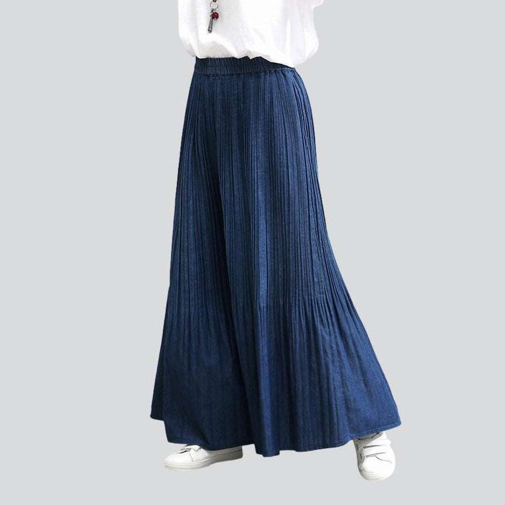 Navy pleated culottes denim pants