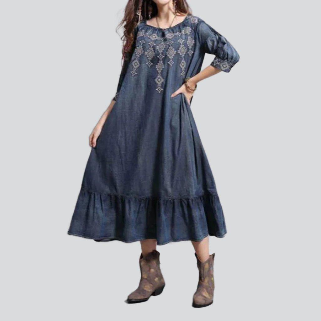 Ornament embroidery long denim dress