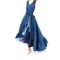 Asymmetric denim dress with ruffles