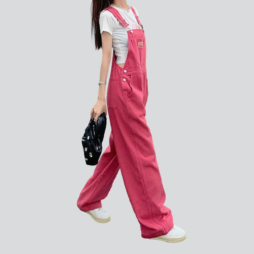 Pink loose women denim overall