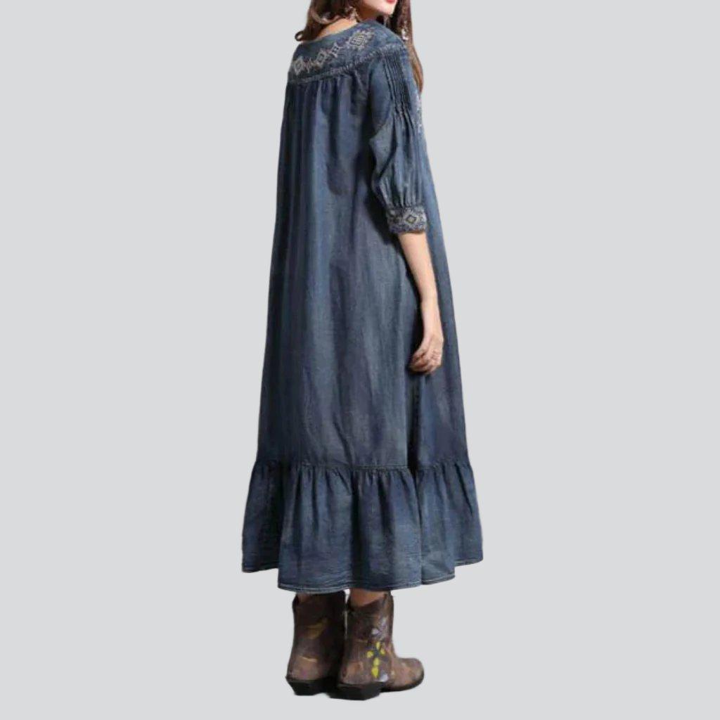 Ornament embroidery long denim dress