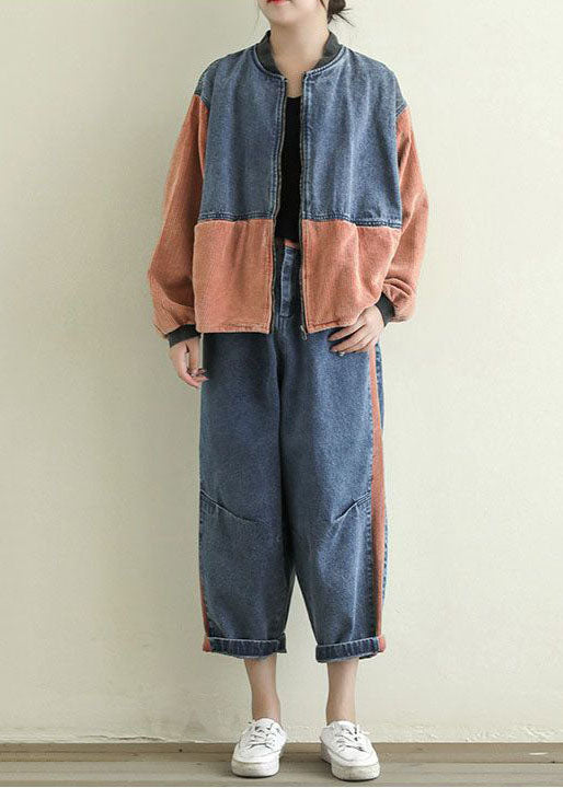 Orange Pockets Patchwork Corduroy Denim Jacket Zip Up