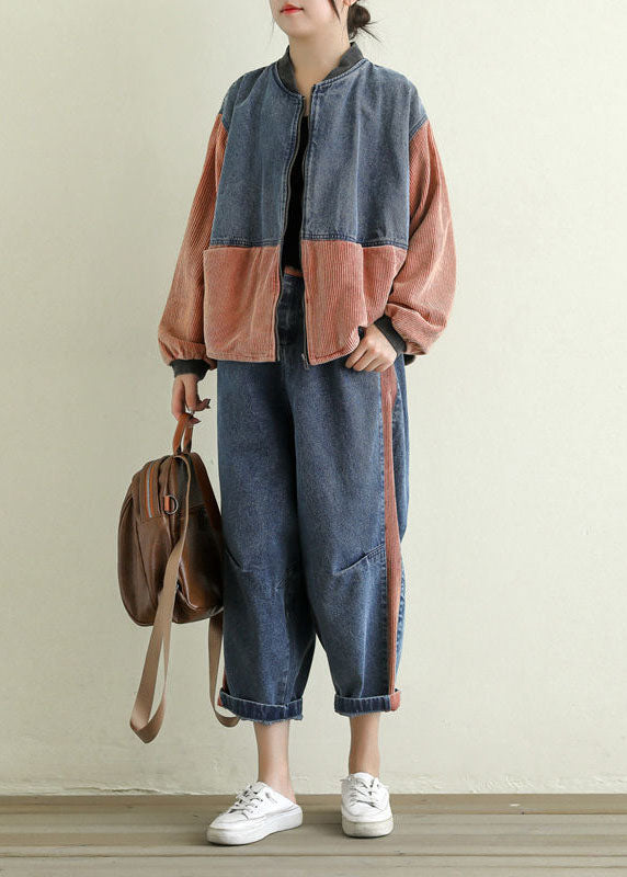 Orange Pockets Patchwork Corduroy Denim Jacket Zip Up