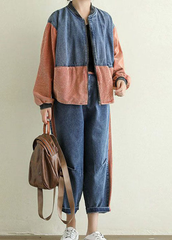 Orange Pockets Patchwork Corduroy Denim Jacket Zip Up