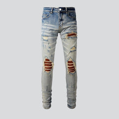 Orange patch knees men jeans