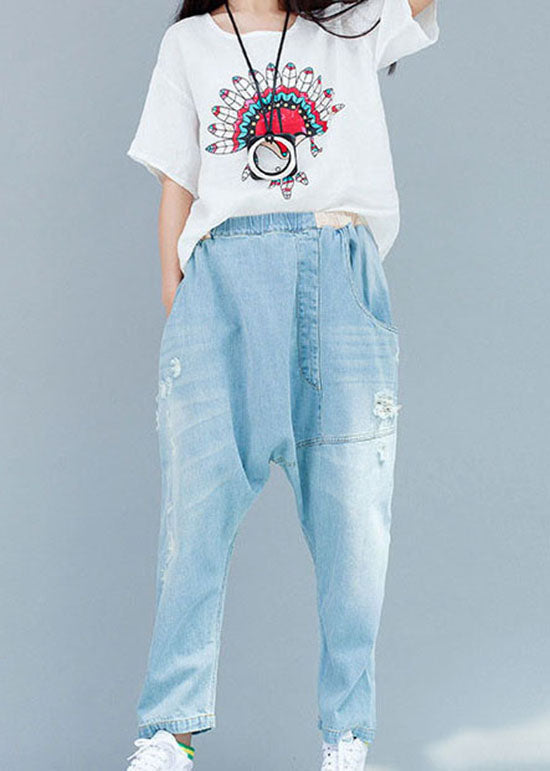 Organic Baby Blue Asymmetrical Design Patchwork Denim Pants