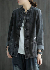 Organic Black Embroideried Patchwork Chinese Button Denim Coats