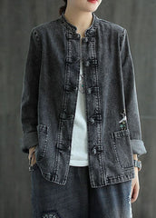 Organic Black Embroideried Patchwork Chinese Button Denim Coats