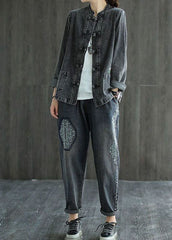 Organic Black Embroideried Patchwork Chinese Button Denim Coats