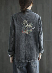 Organic Black Embroideried Patchwork Chinese Button Denim Coats