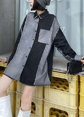 Organic Black Peter Pan Collar Button Pockets Fall Patchwork Denim Shirt Tops Long sleeve