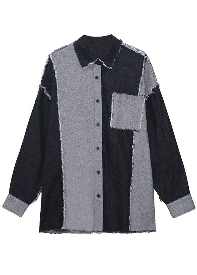 Organic Black Peter Pan Collar Button Pockets Fall Patchwork Denim Shirt Tops Long sleeve