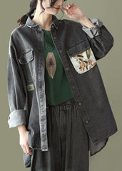 Organic Black Peter Pan Collar Pockets Patchwork Denim Coats Long Sleeve