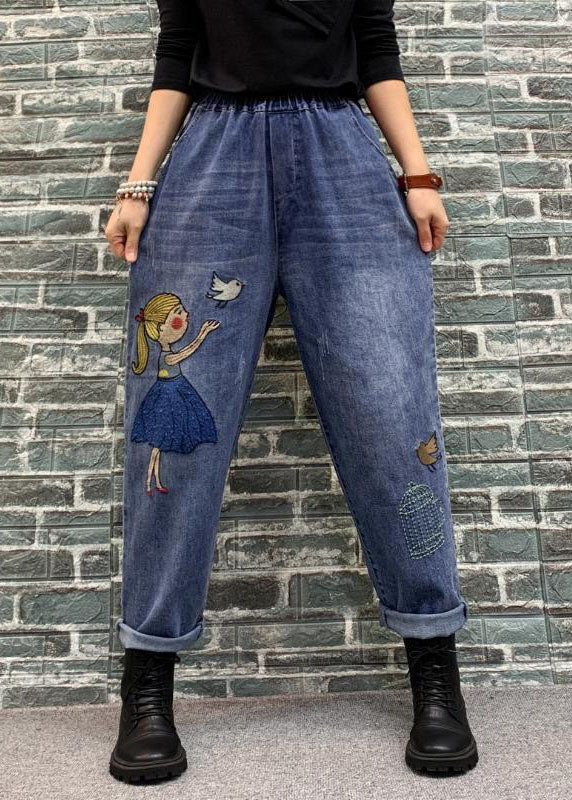 Organic Blue Cartoon Embroideried Pockets Patchwork Denim Crop Pants