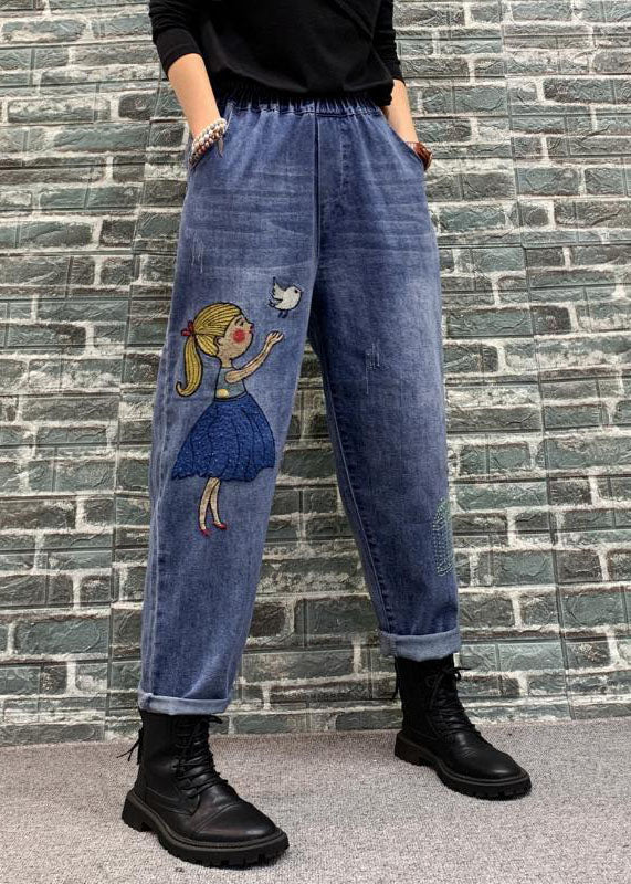 Organic Blue Cartoon Embroideried Pockets Patchwork Denim Crop Pants