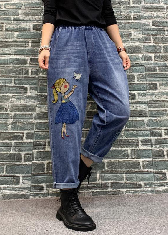 Organic Blue Cartoon Embroideried Pockets Patchwork Denim Crop Pants