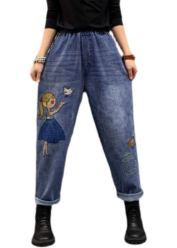 Organic Blue Cartoon Embroideried Pockets Patchwork Denim Crop Pants