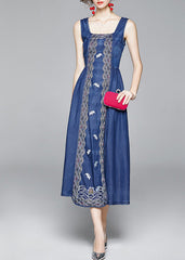 Organic Blue Cinched Embroideried zippered Spaghetti Strap Cotton Denim Dress