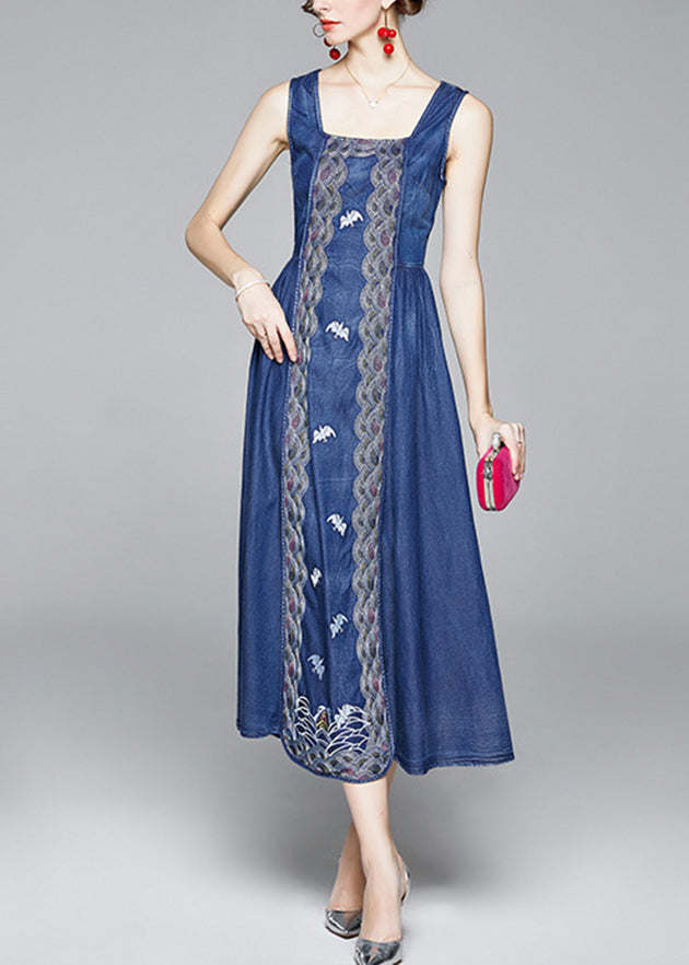 Organic Blue Cinched Embroideried zippered Spaghetti Strap Cotton Denim Dress