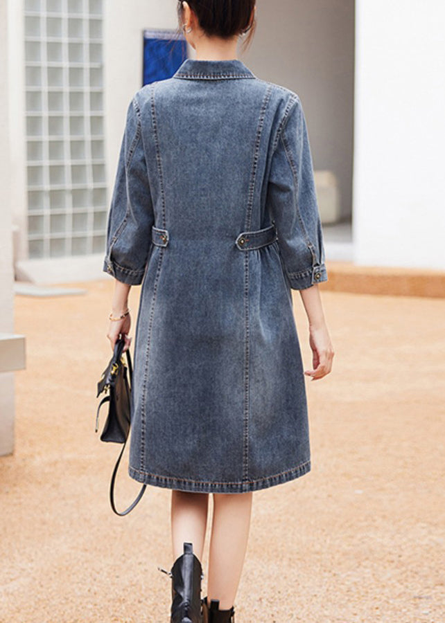 Organic Blue Patchwork Wrinkled Denim Mid Dresses Long Sleeve