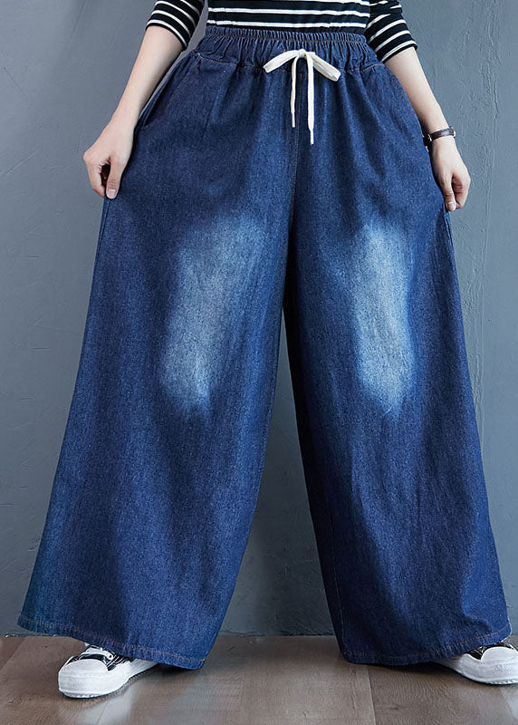 Organic Blue Pockets Elastic Waist Patchwork Denim Pants