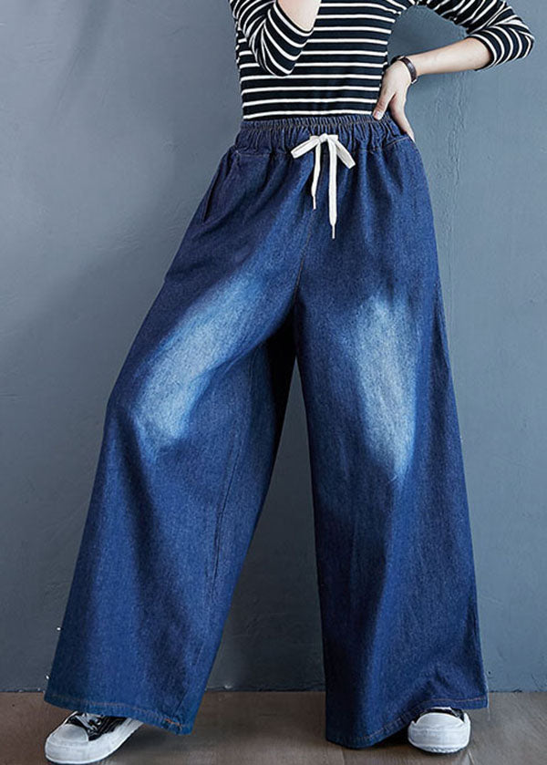 Organic Blue Pockets Elastic Waist Patchwork Denim Pants