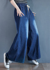 Organic Blue Pockets Elastic Waist Patchwork Denim Pants